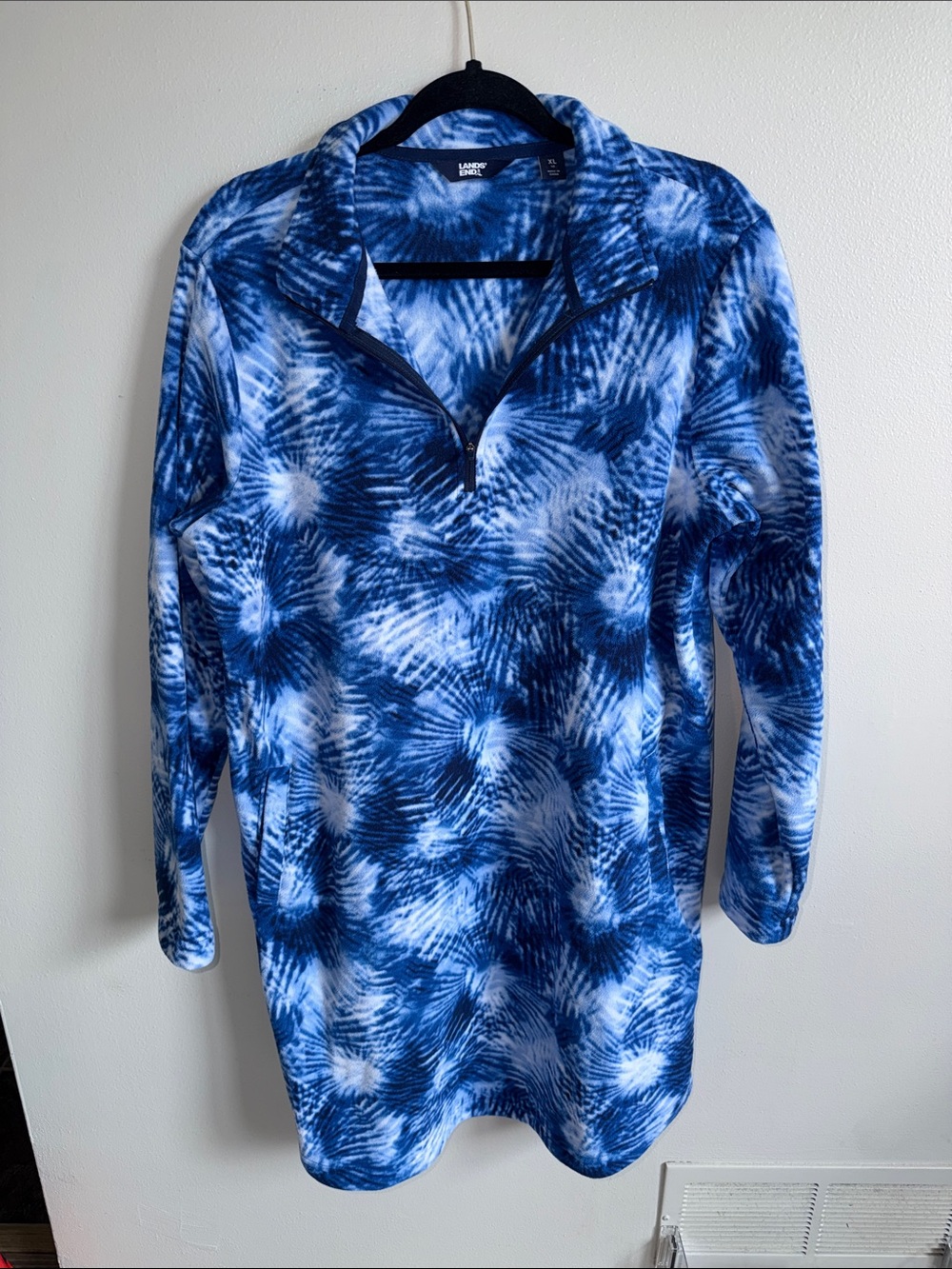 Lands' End Blue and White Tie-Dye Quarter-Zip Pullover Size XL